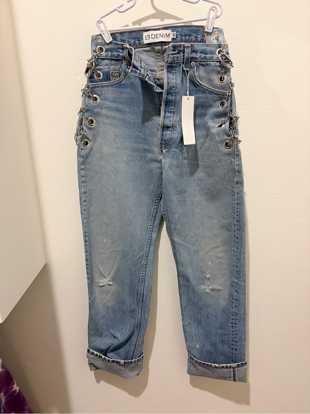 EB Denim Light Blue Boyfriend Jeans with Grommet Lace-Up Sides